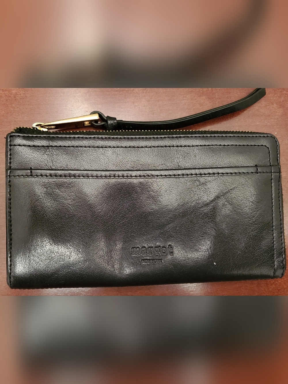 margot Black Leather Zip Wristlet with Gold Hardware